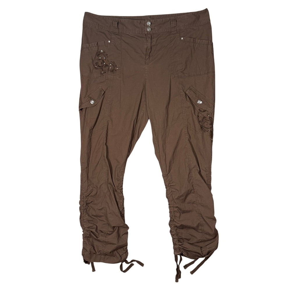 Y2K Cargo Capri Pants Womens 16 Brown Ruched Utility Tech Pocket Streetwear